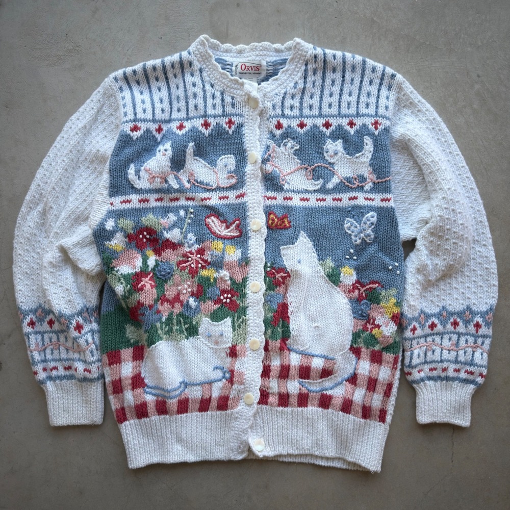Orvis Vintage Cat Garden Cardigan Sweater Womens XL Ramie Cotton Knit White Blue
